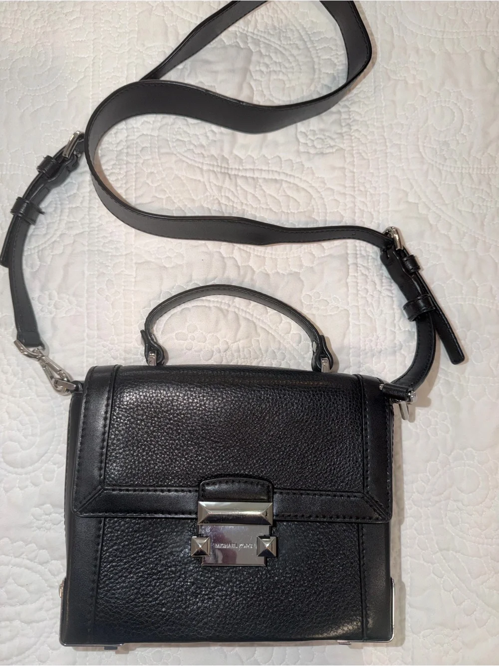 Michael Kors Jayne Small Black Leather Trunk Satchel Crossbody